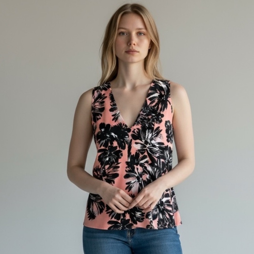 Rebecca Taylor Black and Pink Floral Sleeveless Silk Peplum Blouse - Picture 2 of 7